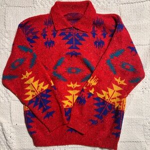 Vintage Red Aztec Wool Acrylic Pullover Sweater Collar